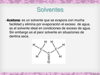 Solventes
-Acetona: es un solvente que se evapora con mucha
facilidad y elimina por evaporación el exceso de agua,
es el solvente ideal en condiciones de exceso de agua.
Sin embargo es el peor solvente en situaciones de
dentina seca.
 