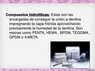 Compuestos hidrofílicas: Estas son las
encargadas de conseguir la unión a dentina
impregnando la capa híbrida aprovechando
precisamente la humedad de la dentina. Son
resinas como PENTA, HEMA , BPDM, TEGDMA ,
GPDM o 4-META.
 