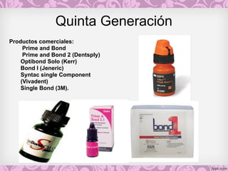 Quinta Generación
Productos comerciales:
Prime and Bond
Prime and Bond 2 (Dentsply)
Optibond Solo (Kerr)
Bond I (Jeneric)
Syntac single Component
(Vivadent)
Single Bond (3M).
 