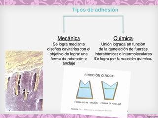 Tipos de adhesión
Mecánica
Se logra mediante
diseños cavitarios con el
objetivo de lograr una
forma de retención o
anclaje
Química
Unión lograda en función
de la generación de fuerzas
Interatómicas o intermoleculares
Se logra por la reacción química.
 