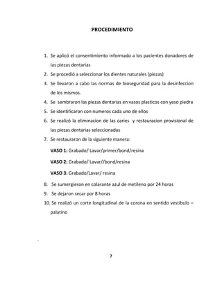 PROCEDIMIENTO



    1. Se aplicó el consentimiento informado a los pacientes donadores de
       las piezas dentarias
    2. Se procedió a seleccionar los dientes naturales (piezas)
    3. Se llevaron a cabo las normas de bioseguridad para la desinfeccion
       de los mismos.
    4. Se sembraron las piezas dentarias en vasos plasticos con yeso piedra
    5. Se identificaron con numeros cada uno de ellos
    6. Se realizó la eliminacion de las caries y restauracion provisional de
       las piezas dentarias seleccionadas
    7. Se restauraron de la siguiente manera:

       VASO 1: Grabado/ Lavar/primer/bond/resina

       VASO 2: Grabado/ Lavar//bond/resina

       VASO 3: Grabado/Lavar/ resina

    8. Se sumergieron en colarante azul de metileno por 24 horas
    9. Se dejaron secar por 8 horas
    10. Se realizó un corte longitudinal de la corona en sentido vestibulo –
       palatino




-


                                    7
 