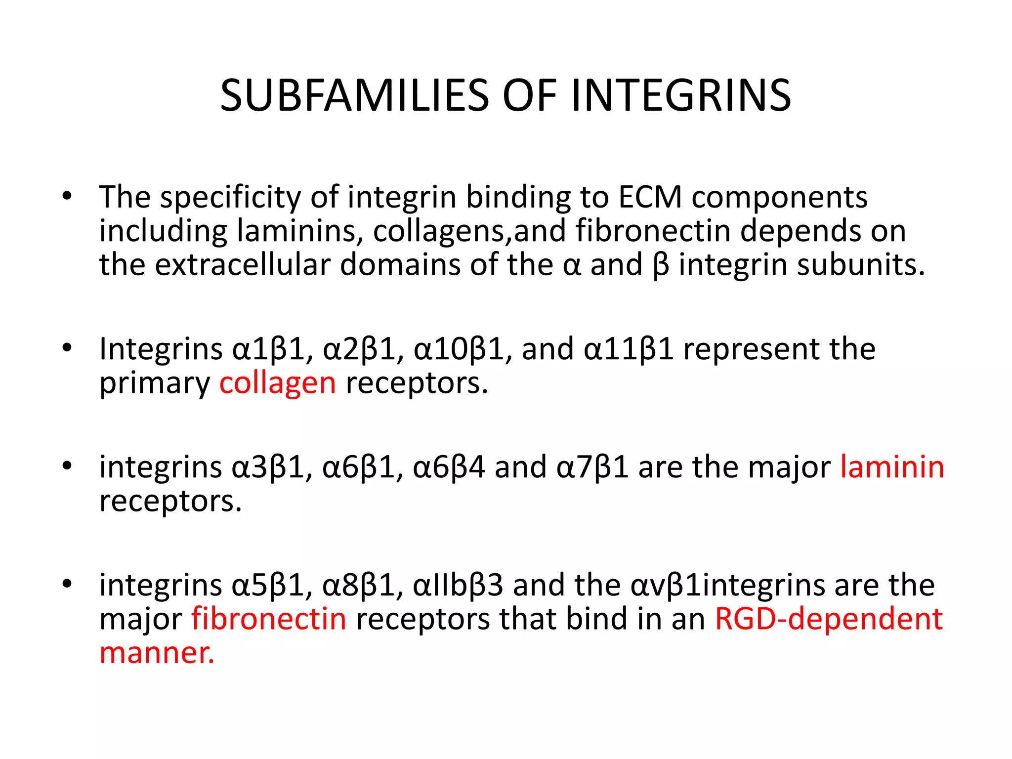 SUBFAMILIES OF INTEGRINS
• The specificity of integrin binding to ECM components
including laminins, collagens,and fibronectin depends on
the extracellular domains of the α and β integrin subunits.
• Integrins α1β1, α2β1, α10β1, and α11β1 represent the
primary collagen receptors.
• integrins α3β1, α6β1, α6β4 and α7β1 are the major laminin
receptors.
• integrins α5β1, α8β1, αIIbβ3 and the αvβ1integrins are the
major fibronectin receptors that bind in an RGD-dependent
manner.
 