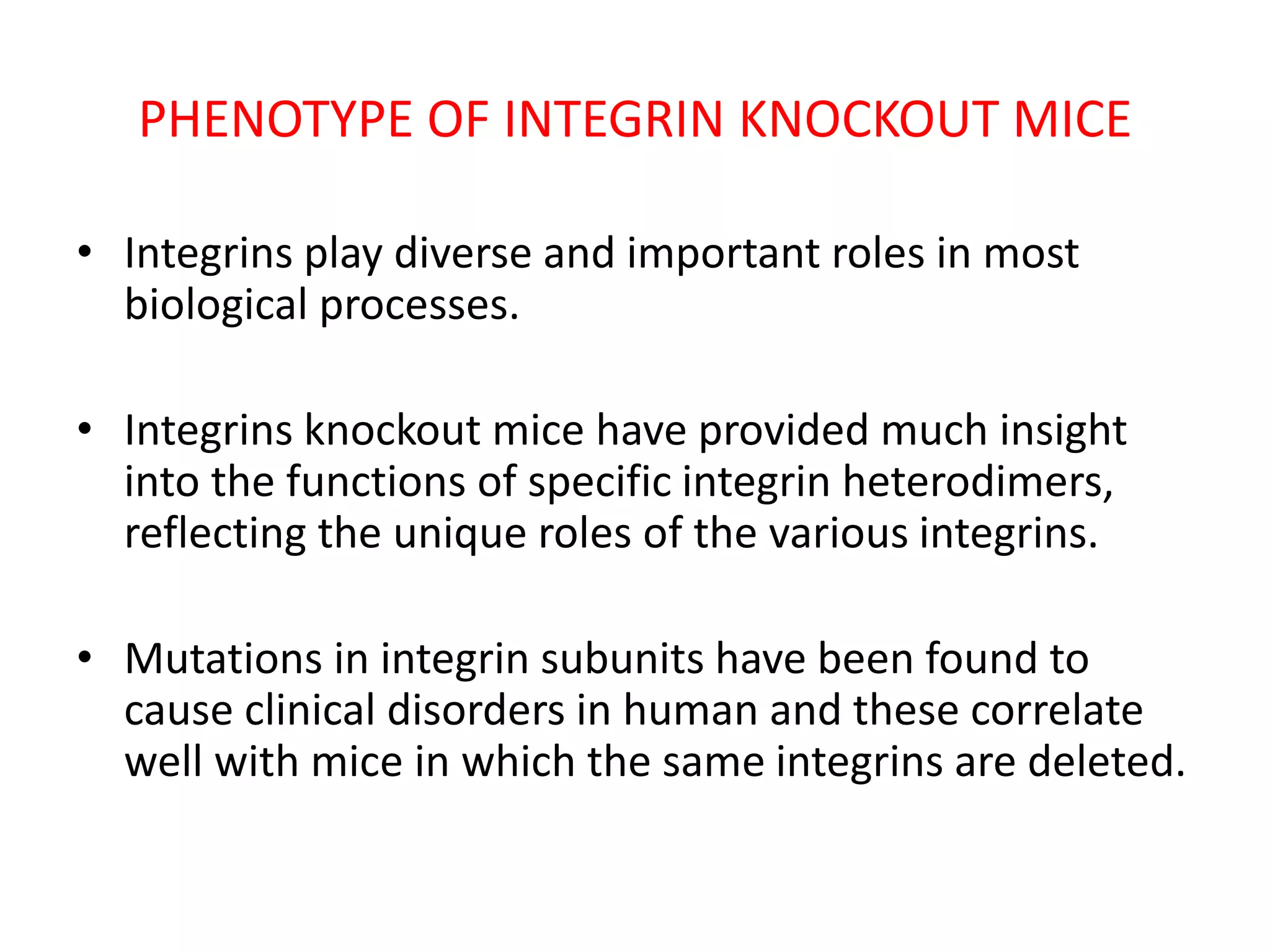 PHENOTYPE OF INTEGRIN KNOCKOUT MICE
• Integrins play diverse and important roles in most
biological processes.
• Integrins knockout mice have provided much insight
into the functions of specific integrin heterodimers,
reflecting the unique roles of the various integrins.
• Mutations in integrin subunits have been found to
cause clinical disorders in human and these correlate
well with mice in which the same integrins are deleted.
 