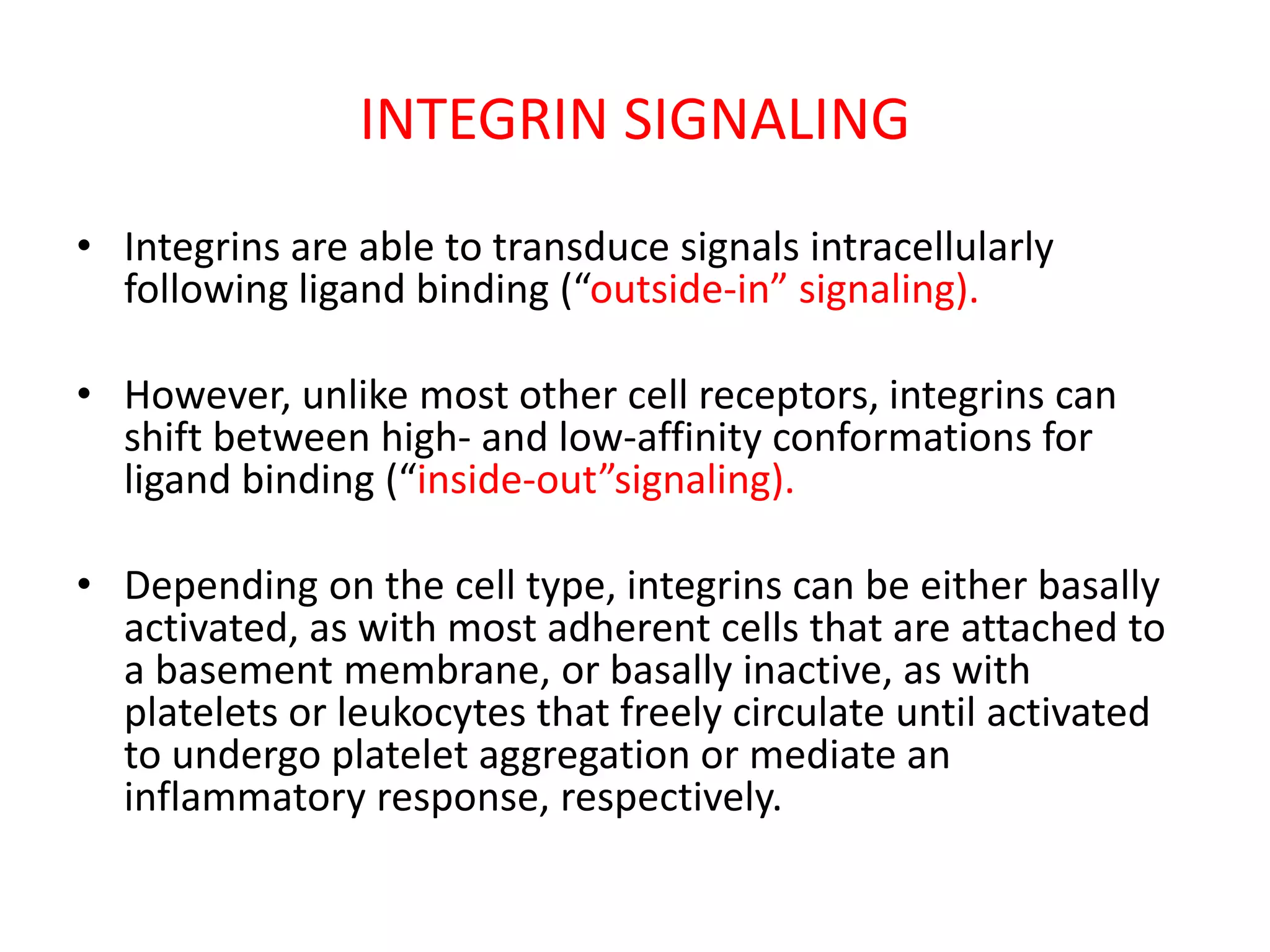 INTEGRIN SIGNALING
• Integrins are able to transduce signals intracellularly
following ligand binding (“outside-in” signaling).
• However, unlike most other cell receptors, integrins can
shift between high- and low-affinity conformations for
ligand binding (“inside-out”signaling).
• Depending on the cell type, integrins can be either basally
activated, as with most adherent cells that are attached to
a basement membrane, or basally inactive, as with
platelets or leukocytes that freely circulate until activated
to undergo platelet aggregation or mediate an
inflammatory response, respectively.
 