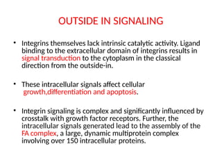 OUTSIDE IN SIGNALING
• Integrins themselves lack intrinsic catalytic activity. Ligand
binding to the extracellular domain of integrins results in
signal transduction to the cytoplasm in the classical
direction from the outside-in.
• These intracellular signals affect cellular
growth,differentiation and apoptosis.
• Integrin signaling is complex and significantly influenced by
crosstalk with growth factor receptors. Further, the
intracellular signals generated lead to the assembly of the
FA complex, a large, dynamic multiprotein complex
involving over 150 intracellular proteins.
 