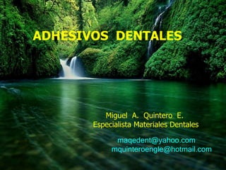 ADHESIVOS DENTALES




          Miguel A. Quintero E.
       Especialista Materiales Dentales

             maqedent@yahoo.com
            mquinteroengle@hotmail.com
 