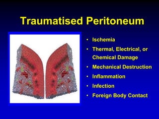 Traumatised Peritoneum
• Ischemia
• Thermal, Electrical, or
Chemical Damage
• Mechanical Destruction
• Inflammation
• Infection
• Foreign Body Contact
 