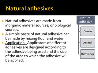  Natural adhesives are made from
inorganic mineral sources, or biological
sources.
 A simple paste of natural adhesive can
be made by mixing flour and water.
 Application : Applicators of different
adhesives are designed according to
the adhesive being used and the size
of the area to which the adhesive will
be applied.
Natural
adhesive
Casein
Animal
Bitminous
 