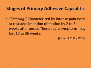 Stages of Primary Adhesive Capsulitis
• “Freezing.” Characterized by intense pain even
at rest and limitation of motion by 2 to 3
weeks after onset. These acute symptoms may
last 10 to 36 weeks.
[Kisner & Colby 5th Ed]
1/13/2021 Frozen Shoulder by Dr. Shazia Khalfe 15
 