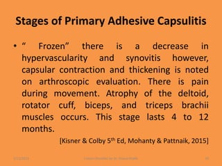 Stages of Primary Adhesive Capsulitis
• “ Frozen” there is a decrease in
hypervascularity and synovitis however,
capsular contraction and thickening is noted
on arthroscopic evaluation. There is pain
during movement. Atrophy of the deltoid,
rotator cuff, biceps, and triceps brachii
muscles occurs. This stage lasts 4 to 12
months.
[Kisner & Colby 5th Ed, Mohanty & Pattnaik, 2015]
1/13/2021 Frozen Shoulder by Dr. Shazia Khalfe 16
 