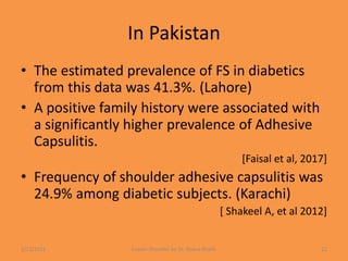 In Pakistan
• The estimated prevalence of FS in diabetics
from this data was 41.3%. (Lahore)
• A positive family history were associated with
a significantly higher prevalence of Adhesive
Capsulitis.
[Faisal et al, 2017]
• Frequency of shoulder adhesive capsulitis was
24.9% among diabetic subjects. (Karachi)
[ Shakeel A, et al 2012]
1/13/2021 Frozen Shoulder by Dr. Shazia Khalfe 21
 