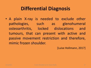 Differential Diagnosis
• A plain X-ray is needed to exclude other
pathologies, such as glenohumeral
osteoarthritis, locked dislocations and
tumours, that can present with active and
passive movement restriction and therefore,
mimic frozen shoulder.
[Luise Hollmann, 2017]
1/13/2021 Frozen Shoulder by Dr. Shazia Khalfe 27
 