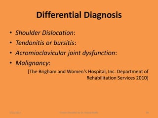 Differential Diagnosis
• Shoulder Dislocation:
• Tendonitis or bursitis:
• Acromioclavicular joint dysfunction:
• Malignancy:
[The Brigham and Women's Hospital, Inc. Department of
Rehabilitation Services 2010]
1/13/2021 Frozen Shoulder by Dr. Shazia Khalfe 28
 