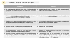 DIFFERENCE BETWEEN ADHESIVES & SELANTS
09
ADHESIVES SELANTS
• An adhesive is used particularly for its ability to bond two surfaces
together for an indefinite length of time and varying amounts of
stress.
• Sealants are often used to fill gaps and resist relative movement
of the surfaces to which they are applied.
• Adhesives have strong shear and tensile strength, making them
viable bonding materials for high-pressure situations.
• A sealant is generally lower in strength compared to an adhesive.
• Sealants have a paste like consistency which allows filling of gaps
between substrates and has low shrinkage after application.
• Adhesives are in liquid form which become solid after application
and then used to bind materials together.
• Adhesive will offer a more rigid and durable feel and look. • sealants are more malleable.
• Adhesives are usually divided into three basic types: physically
hardened, chemically cured, and pressure-sensitive.
• Sealants are usually divided into three types: one-component,
two-component, and tapes.
• Physically hardened adhesives begin in a liquid form that hardens
after application, and come in one of three types: organic solvent,
water-based, or hot melt.
• One-component types are the most common and can be easily
applied, and chemistries include silicone, urethane, solvent-based
acrylics, solvent-based butyls, water-based latex, silyl-
modified polymer (SMP), and polysulfides .
 