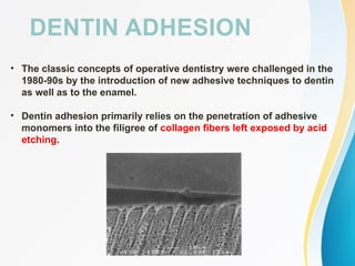 DENTIN ADHESION
• The classic concepts of operative dentistry were challenged in the
1980-90s by the introduction of new adhesive techniques to dentin
as well as to the enamel.
• Dentin adhesion primarily relies on the penetration of adhesive
monomers into the filigree of collagen fibers left exposed by acid
etching.
 