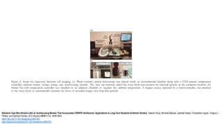 Figure 2. Setup for long-term bacterial cell imaging. (a) Phase contrast optical microscope was placed inside an environmental chamber along with a CCD camera, temperature
controller, objective heater, syringe pump, and autofocusing module. The user can remotely adjust the focus knob and monitor the bacterial growth on the computer monitor. (b)
Heater fan with temperature controller was installed in an adjacent chamber to regulate the ambient temperature. A stepper motor, operated by a microcontroller, was attached
to the focus knob to automatically maintain the focus of recorded images over long time periods.
Adhesive Tape Microfluidics with an Autofocusing Module That Incorporates CRISPR Interference: Applications to Long-Term Bacterial Antibiotic Studies, Taejoon Kong, Nicholas Backes, Upender Kalwa, Christopher Legner, Gregory J.
Phillips, and Santosh Pandey, ACS Sensors 2019 4 (10), 2638-2645
https://doi.org/10.1021/acssensors.9b01031
https://pubs.acs.org/doi/full/10.1021/acssensors.9b01031
 