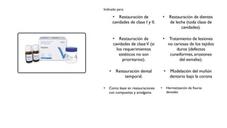Indicado para:
• Restauración de
cavidades de clase I y II.
• Restauración de dientes
de leche (toda clase de
cavidades).
• Restauración de
cavidades de claseV (si
los requerimientos
estéticos no son
prioritarios).
• Tratamiento de lesiones
no cariosas de los tejidos
duros (defectos
cuneiformes, erosiones
del esmalte).
• Restauración dental
temporal.
• Modelación del muñón
dentario bajo la corona
• Como base en restauraciones
con compositas y amalgama
• Hermetización de fisuras
dentales
 