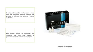 Esto permite obtener un cementado más
resistente, una pasta muy pegajosa y
procedimientos desde cementado más limpios.
la resina de dimetacrilato modificada con uretano
crea una estructura molecular refinada que
produce un polímero más resistente y menos
quebradizo.
ADHESIVOS DE 2 PASOS
 