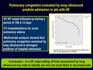Pulmonary congestion evaluated by lung ultrasound
predicts admission in pts with HF
•97 HF outpts followed up during a
period of 106 ± 12 days
•21 hospitalizations for acute
pulmonary edema
•Multivariate analysis showed that
pulmonary congestion assessed by
lung ultrasound is strongest
predictor of hospital admission
Conclusion – in a HF outpt setting, B-lines assessment by lung
ultrasound may help to identify pts who are most likely to decompensate
 