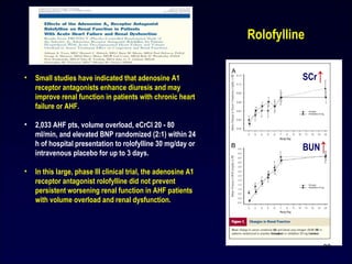 • Small studies have indicated that adenosine A1
receptor antagonists enhance diuresis and may
improve renal function in patients with chronic heart
failure or AHF.
• 2,033 AHF pts, volume overload, eCrCl 20 - 80
ml/min, and elevated BNP randomized (2:1) within 24
h of hospital presentation to rolofylline 30 mg/day or
intravenous placebo for up to 3 days.
• In this large, phase III clinical trial, the adenosine A1
receptor antagonist rolofylline did not prevent
persistent worsening renal function in AHF patients
with volume overload and renal dysfunction.
Rolofylline
30
SCr↑
BUN↑
 