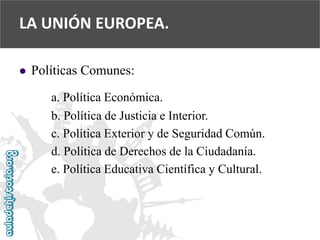  
Políticas Comunes: 
a. Política Económica. 
b. Política de Justicia e Interior. 
c. Política Exterior y de Seguridad Común. 
d. Política de Derechos de la Ciudadanía. 
e. Política Educativa Científica y Cultural. 
LA UNIÓN EUROPEA.  