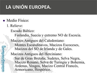  
Medio Físico: 
1. Relieve: 
Escudo Báltico: 
Finlandia, Suecia y extremo NO de Escocia. 
Macizos Antiguos del Caledoniano: 
Montes Escandinavos, Macizos Escoceses, 
Macizos del SO de Irlanda y de Gales. 
Macizos Antiguos del Herciniano: 
Sur de Gran Bretaña, Sudetes, Selva Negra, 
Macizo Renano, Selva de Turingia y Bohemia, 
Ardenas, Vosgos, Macizo Central Francés, 
Armoricano, Hespérico. 
LA UNIÓN EUROPEA.  
