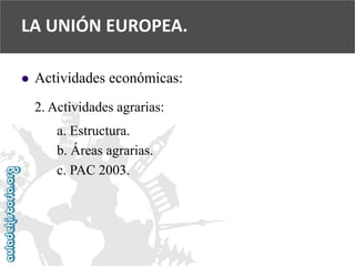  
Actividades económicas: 
2. Actividades agrarias: 
a. Estructura. 
b. Áreas agrarias. 
c. PAC 2003. 
LA UNIÓN EUROPEA.  