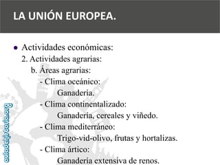 
Actividades económicas: 
2. Actividades agrarias: 
b. Áreas agrarias: 
-Clima oceánico: 
Ganadería. 
-Clima continentalizado: 
Ganadería, cereales y viñedo. 
-Clima mediterráneo: 
Trigo-vid-olivo, frutas y hortalizas. 
-Clima ártico: 
Ganadería extensiva de renos. 
LA UNIÓN EUROPEA.  