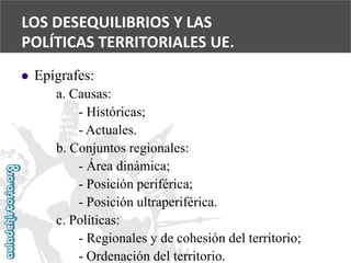 LOS DESEQUILIBRIOS Y LAS 
POLÍTICAS TERRITORIALES UE. 
 
Epígrafes: 
a. Causas: 
-Históricas; 
-Actuales. 
b. Conjuntos regionales: 
-Área dinámica; 
-Posición periférica; 
-Posición ultraperiférica. 
c. Políticas: 
-Regionales y de cohesión del territorio; 
-Ordenación del territorio.  