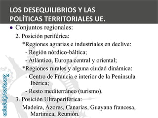  
Conjuntos regionales: 
2. Posición periférica: 
*Regiones agrarias e industriales en declive: 
-Región nórdico-báltica; 
-Atlántico, Europa central y oriental; 
*Regiones rurales y alguna ciudad dinámica: 
-Centro de Francia e interior de la Península 
Ibérica; 
-Resto mediterráneo (turismo). 
3. Posición Ultraperiférica: 
Madeira, Azores, Canarias, Guayana francesa, 
Martinica, Reunión. 
LOS DESEQUILIBRIOS Y LAS 
POLÍTICAS TERRITORIALES UE.  