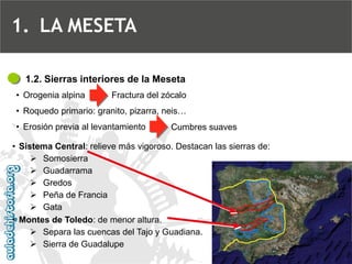 •Sistema Central: relieve más vigoroso. Destacan las sierras de: 
Somosierra 
Guadarrama 
Gredos 
Peña de Francia 
Gata1.2. Sierras interiores de la Meseta 
•Orogenia alpina 
•Roquedo primario: granito, pizarra, neis… 
•Erosión previa al levantamiento 
Fractura del zócalo 
Cumbres suaves 
•Montes de Toledo: de menor altura. 
Separa las cuencas del Tajo y Guadiana. 
Sierra de Guadalupe 
1.LA MESETA  