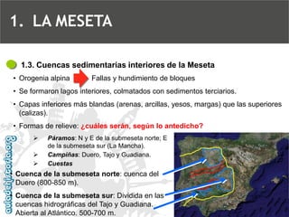 1.3. Cuencas sedimentarias interiores de la Meseta 
•Orogenia alpina 
•Se formaron lagos interiores, colmatados con sedimentos terciarios. 
•Capas inferiores más blandas (arenas, arcillas, yesos, margas) que las superiores (calizas). 
•Formas de relieve: ¿cuáles serán, según lo antedicho? 
Fallas y hundimiento de bloques 
•Cuenca de la submeseta norte: cuenca del Duero (800-850 m). 
•Cuenca de la submeseta sur: Dividida en las cuencas hidrográficas del Tajo y Guadiana. Abierta al Atlántico. 500-700 m. 
Páramos: N y E de la submeseta norte; E de la submeseta sur (La Mancha). 
Campiñas: Duero, Tajo y Guadiana. 
Cuestas 
1.LA MESETA  