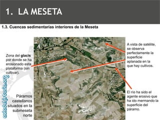 A vista de satélite, se observa perfectamente la superficie aplanada en la que hay cultivos. El río ha sido el agente erosivo que ha ido mermando la superficie del páramo. Zona del glacispor donde se ha erosionado esta plataforma (sin cultivar). Páramos castellanos situados en la submeseta norte1.3. Cuencas sedimentarias interiores de la Meseta 
1.LA MESETA  