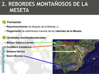 Formación 
•Rejuvenecimientode bloques de la Meseta, o… 
•Plegamientode sedimentos marinos de los rebordes de la MesetaUnidades morfoestructurales: 
•Macizo Galaico-Leonés 
•Cordillera Cantábrica 
•Sistema Ibérico 
•Sierra Morena2. REBORDES MONTAÑOSOS DE LA MESETA  