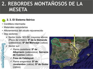 2. 3. El Sistema Ibérico 
•Cordillera intermedia 
•Materiales secundarios 
•Afloramientos del zócalo rejuvenecido 
•Dos sectores: 
Sector norte: NO-SE; mayores alturas (Picos de Urbión); Sª de la Demanda(paleozoica); Sª del Moncayo(caliza). 
Sector sur: 
Rama castellana: Sª de Albarracín(paleozoica), Serranía de Cuenca(caliza). 
Fosa de Calatayud. 
Rama aragonesa: Sª de Javalambre(caliza); Sª de Gúdar(caliza). 2. REBORDES MONTAÑOSOS DE LA MESETA  