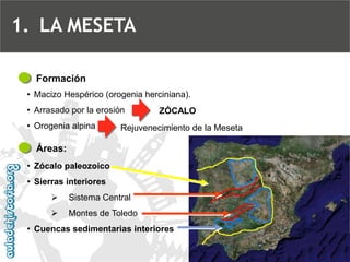Formación 
•Macizo Hespérico (orogenia herciniana). 
•Arrasado por la erosión 
•Orogenia alpina 
ZÓCALO 
Áreas: 
•Zócalo paleozoico 
•Sierras interiores 
Sistema Central 
Montes de Toledo 
•Cuencas sedimentarias interiores 
Rejuvenecimiento de la Meseta 
1.LA MESETA  