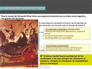 La regencia de María Cristina 1833-1840

Tras la muerte de Fernando VII se inicia una etapa de transición con su viuda como regente y
una guerra civil de fondo
En esta etapa se consolidó la división de los liberales en
dos corrientes que durarán todo el reinado de Isabel II:
- Los liberales moderados: (conservador)
-Fórmula intermedia entre absolutismo y soberanía
popular
-La corona debe contar con poderes
-El sufragio debe ser muy limitado

-Los liberales progresistas:
-limitar el poder del rey a favor del Parlamento
-favorables a las reformas sociales de 1812

Mª CRISTINA

Mª Cristina e Isabel fueron partidarias de los
moderados a los que siempre les ofrecieron el
gobierno, excepto en momentos de inestabilidad
para la monarquía

 