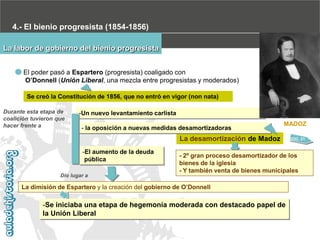 4.- El bienio progresista (1854-1856)
La labor de gobierno del bienio progresista
El poder pasó a Espartero (progresista) coaligado con
O’Donnell (Unión Liberal, una mezcla entre progresistas y moderados)
Se creó la Constitución de 1856, que no entró en vigor (non nata)
Durante esta etapa de
coalición tuvieron que
hacer frente a

-Un nuevo levantamiento carlista
- la oposición a nuevas medidas desamortizadoras

MADOZ

La desamortización de Madoz
-El aumento de la deuda
pública
Dio lugar a

DOC. 21

- 2º gran proceso desamortizador de los
bienes de la iglesia
- Y también venta de bienes municipales

La dimisión de Espartero y la creación del gobierno de O’Donnell

-Se iniciaba una etapa de hegemonía moderada con destacado papel de
la Unión Liberal

 