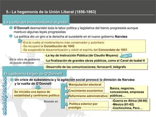 5.- La hegemonía de la Unión Liberal (1856-1863)
La vuelta del moderantismo al poder
O’Donnell desmanteló toda la labor politica y legislativa del bienio progresista aunque
mantuvo algunas leyes progresistas
La política dio un giro a la derecha al sucederle en el nuevo gobierno Narváez
-Era la vuelta al moderantismo más conservador y autoritario
-Se recuperó la Constitución de 1845
-Se suspendió la desamortización y volvió el espíritu del Concordato de 1851
-La ley de Instrucción Pública (de Claudio Moyano)
De la obra de gobierno
se puede destacar

-La finalización de grandes obras públicas, como el Canal de Isabel II
-Desarrollo de las comunicaciones; ferrocarril, telégrafo

El «gobierno largo» de O’Donnell
Un crisis de subsistencia y la agitación social provocó la dimisión de Narváez
y la vuelta de O’Donnell
Manipulación electoral
Se iniciaba una época de
estabilidad y centrismo político
Basada en

Banca, negocios,
concesiones, empresas
Reformismo administrativo públicas…
Crecimiento económico

Política exterior por
prestigio

-Guerra en África (58-60)
-México (61-62)
-Cochinchina, Perú…

 