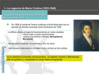 1.- La regencia de María Cristina (1833-1840)
Los gobiernos progresistas (1835-1837)
Revolución de 1835
En 1835 el conde de Toreno sustituyó a de la Rosa pero fue un
período de tensión conocido como revolución de 1935
-La Milicia urbana protagonizó levantamientos en varias ciudades
-dieron lugar a juntas revolucionarias
-asaltos a conventos y fábricas (Bonaplata de
Barcelona)
-Se decretó la disolución de conventos y Cia. de Jesús
-Se rompieron relaciones con la Santa Sede y el clero se hizo carlista

Al no disminuir la tensión revolucionaria , la regente nombró a Mendizabal
jefe de gobierno y respaldará la causa liberal progresista

 