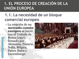 1. EL PROCESO DE CREACIÓN DE LA
UNIÓN EUROPEA

1.1. La necesidad de un bloque
comercial europeo
• La creación de un
mercado común
europeo se inició
con el Tratado de
Roma (1957),
firmado por
Alemania, Francia,
Italia, Bélgica,
Países Bajos y
Luxemburgo.

 