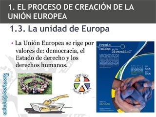 1. EL PROCESO DE CREACIÓN DE LA
UNIÓN EUROPEA

1.3. La unidad de Europa
• La Unión Europea se rige por
valores de: democracia, el
Estado de derecho y los
derechos humanos.

 