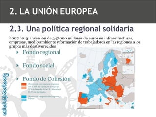 2. LA UNIÓN EUROPEA
2.3. Una política regional solidaria
2007-2013: inversión de 347 000 millones de euros en infraestructuras,
empresas, medio ambiente y formación de trabajadores en las regiones o los
grupos más desfavorecidos

4 Fondo regional

4 Fondo social
4 Fondo de Cohesión
Objetivo de convergencia: regiones
con el PIB per cápita por debajo del
75% de la media de la UE. Absorbe el
81,5% de los fondos.
Objetivo de competitividad regional y
empleo.

 