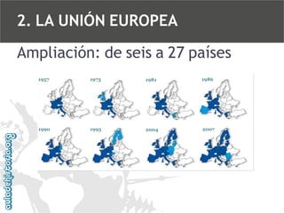 2. LA UNIÓN EUROPEA
Ampliación: de seis a 27 países
1957

1973

1981

1986

1990

1995

2004

2007

 