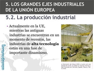 5. LOS GRANDES EJES INDUSTRIALES
DE LA UNIÓN EUROPEA

5.2. La producción industrial
• Actualmente en la UE,
mientras las antiguas
industrias se encuentran en un
momento de recesión, las
industrias de alta tecnología
están en una fase de
importante dinamismo.

 