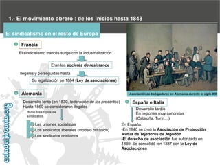 1.- El movimiento obrero : de los inicios hasta 1848
El sindicalismo en el resto de Europa
Francia
El sindicalismo francés surge con la industrialización
Eran las societés de resistance
Ilegales y perseguidas hasta
Su legalización en 1884 (Ley de asociaciones)

Alemania
Desarrollo lento (en 1830, federación de los proscritos)
Hasta 1860 se consideraron ilegales
Hubo tres tipos de
sindicatos

Las uniones socialistas
Los sindicatos liberales (modelo británico)
Los sindicatos cristianos

Asociación de trabajadores en Alemania durante el siglo XIX

España e Italia
Desarrollo tardío
En regiones muy concretas
(Cataluña, Turín…)
En España:
-En 1840 se creó la Asociación de Protección
Mutua de Tejedores de Algodón
-El derecho de asociación fue autorizado en
1869. Se consolidó en 1887 con la Ley de
Asociaciones

 
