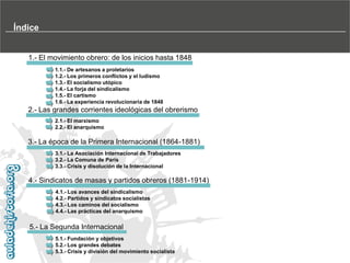 Índice

1.- El movimiento obrero: de los inicios hasta 1848
1.1.- De artesanos a proletarios
1.2.- Los primeros conflictos y el ludismo
1.3.- El socialismo utópico
1.4.- La forja del sindicalismo
1.5.- El cartismo
1.6.- La experiencia revolucionaria de 1848

2.- Las grandes corrientes ideológicas del obrerismo
2.1.- El marxismo
2.2.- El anarquismo

3.- La época de la Primera Internacional (1864-1881)
3.1.- La Asociación Internacional de Trabajadores
3.2.- La Comuna de París
3.3.- Crisis y disolución de la Internacional

4.- Sindicatos de masas y partidos obreros (1881-1914)
4.1.- Los avances del sindicalismo
4.2.- Partidos y sindicatos socialistas
4.3.- Los caminos del socialismo
4.4.- Las prácticas del anarquismo

5.- La Segunda Internacional
5.1.- Fundación y objetivos
5.2.- Los grandes debates
5.3.- Crisis y división del movimiento socialista

 