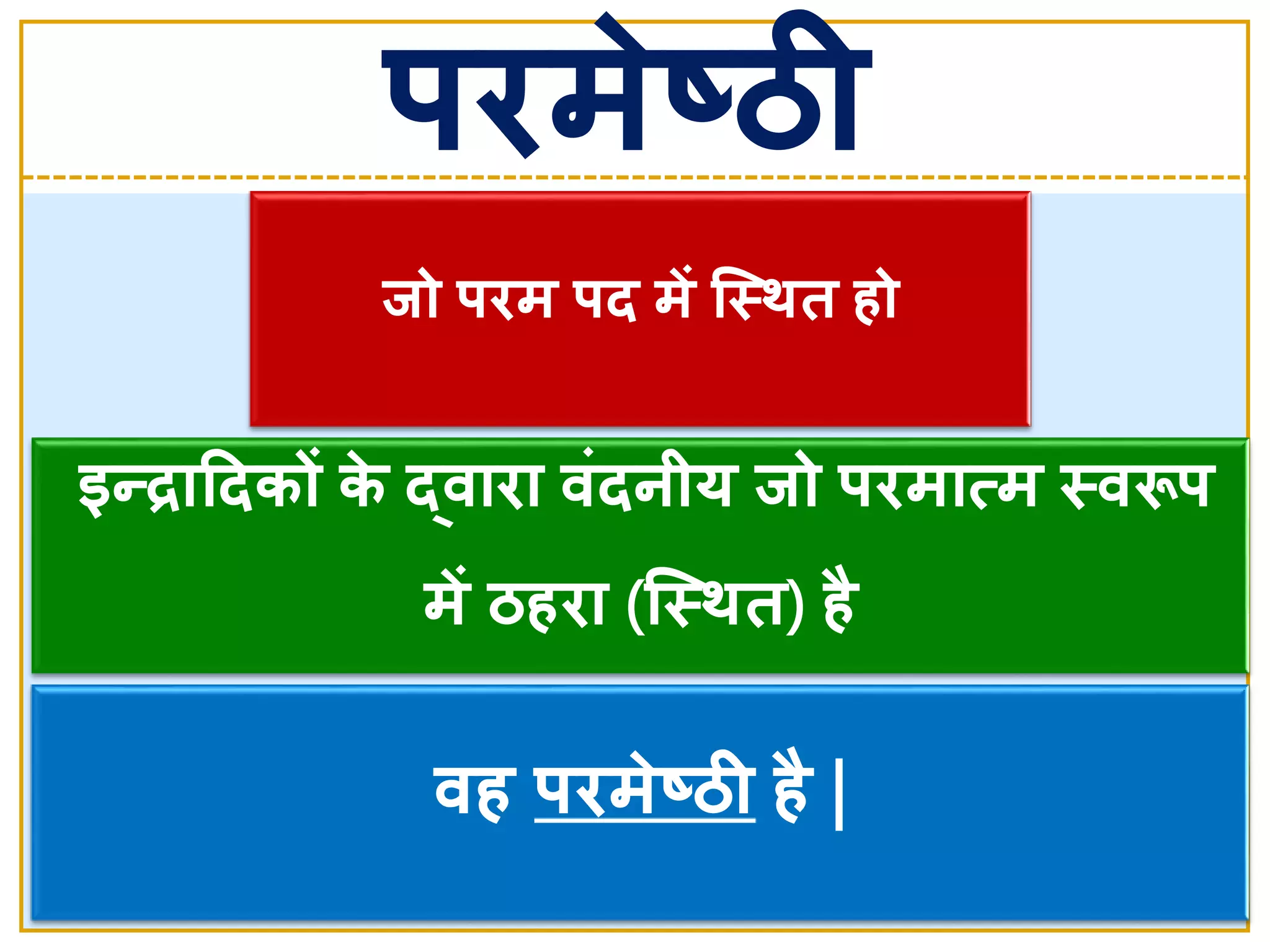 िो र्िम र्द में जस्त्र्त हो
इन्द्राददकों के  र्दवािा वांदनीय िो र्िमात्म स्त्वरूर्
में ठहिा (जस्त्र्त) है
वह र्िमे ष्ठी है |
र्िमे ष्ठी
 