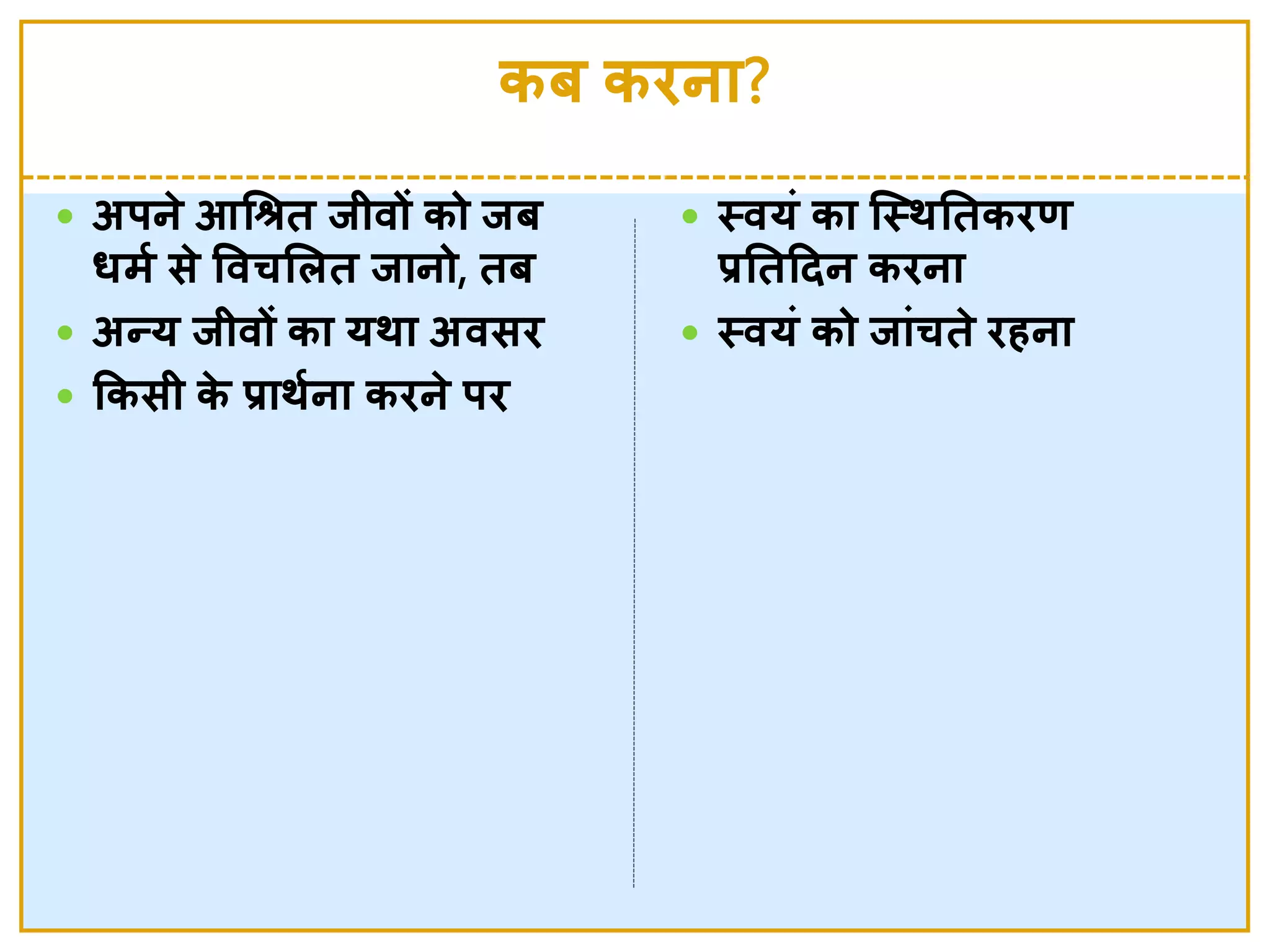 कब किना?
 अर्ने  आचश्रत िीवों को िब
धमश से  ववचलित िानो, तब
 अन्य िीवों का यर्ा अवसि
 ककसी के  प्रार्शना किने  र्ि
 स्त्वयां का जस्त्र्नतकिण
प्रनतददन किना
 स्त्वयां को िाांचते  िहना
 