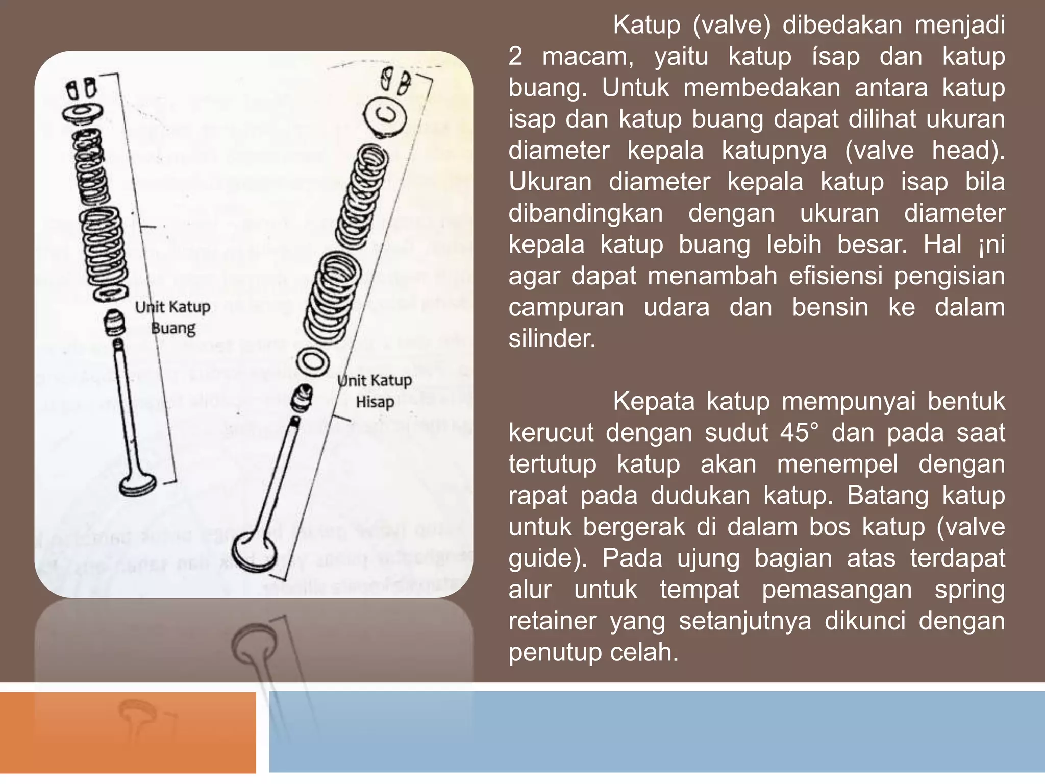 Katup (valve) dibedakan menjadi
2 macam, yaitu katup ísap dan katup
buang. Untuk membedakan antara katup
isap dan katup buang dapat dilihat ukuran
diameter kepala katupnya (valve head).
Ukuran diameter kepala katup isap bila
dibandingkan dengan ukuran diameter
kepala katup buang Iebih besar. Hal ¡ni
agar dapat menambah efisiensi pengisian
campuran udara dan bensin ke dalam
silinder.
Kepata katup mempunyai bentuk
kerucut dengan sudut 45° dan pada saat
tertutup katup akan menempel dengan
rapat pada dudukan katup. Batang katup
untuk bergerak di dalam bos katup (valve
guide). Pada ujung bagian atas terdapat
alur untuk tempat pemasangan spring
retainer yang setanjutnya dikunci dengan
penutup celah.
 